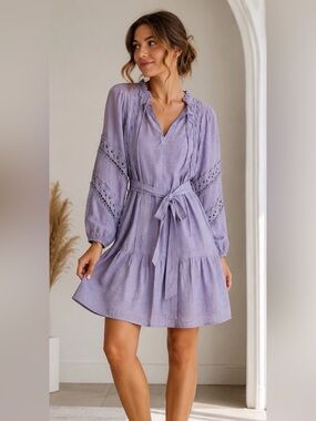 JOY JOY 🦄 Boutique Lavender Cotton Tiered Dress | Belted | Lace Detail | Size S